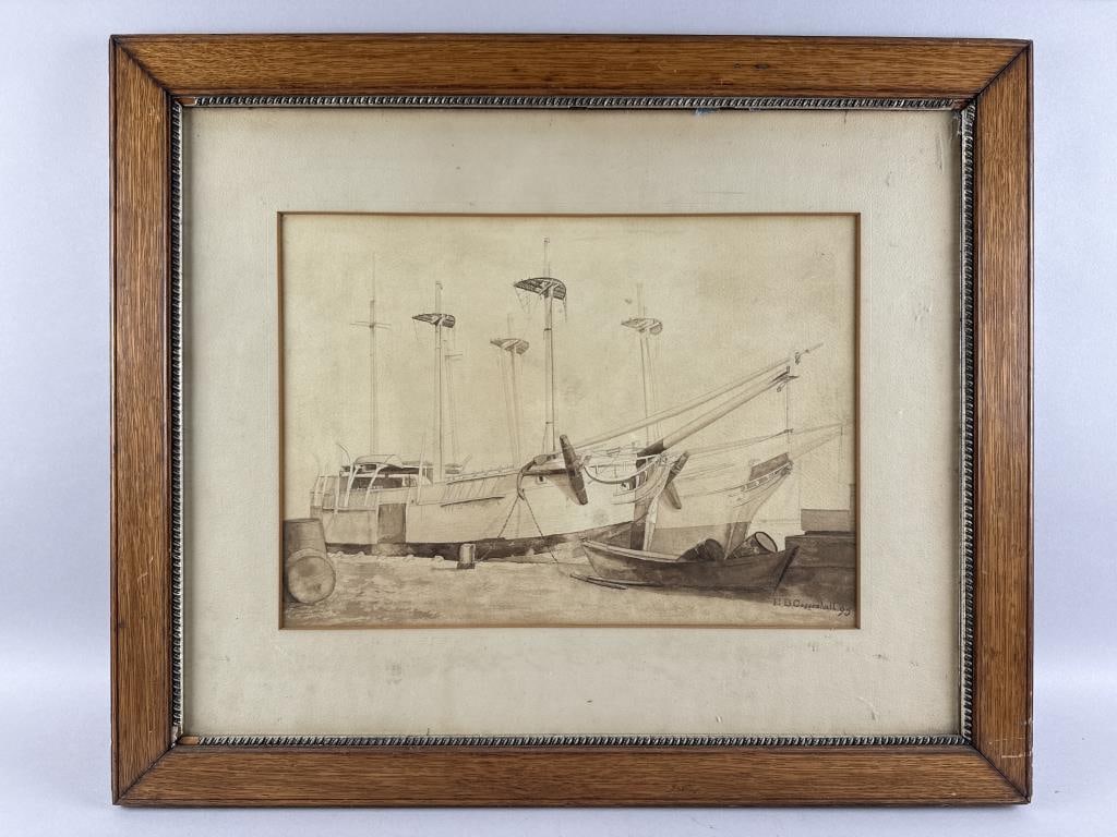 E.B. COGGESHALL (America, Early 20th Century), Ship in dry dock., Mixed media on paper, 13.5" x 19" (1 of 3)