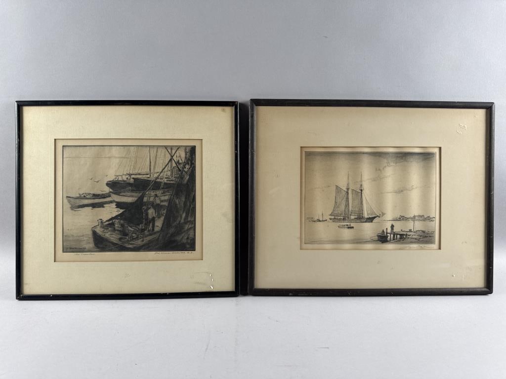 TWO MARINE ETCHINGS America, Mid-20th Century: TWO MARINE ETCHINGSAmerica, Mid-20th Century1) "The Trawlers" by George Elmer Browne (1871-1946). Signed and titled in pencil. 9" x 10.5" sight. Framed. 2) Harbor scene by Gordon H. Grant (1875-1962).
