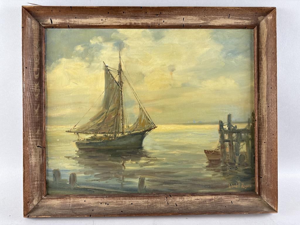 WENDELL M. ROGERS (Massachusetts, 1890-1973), Fishing boat approaching dock., Oil on board, 16" x: WENDELL M. ROGERSMassachusetts, 1890-1973Fishing boat approaching dock. Signed lower right "Wendell Rogers".Oil on board, 16" x 20". Framed 19.5" x 23.5".