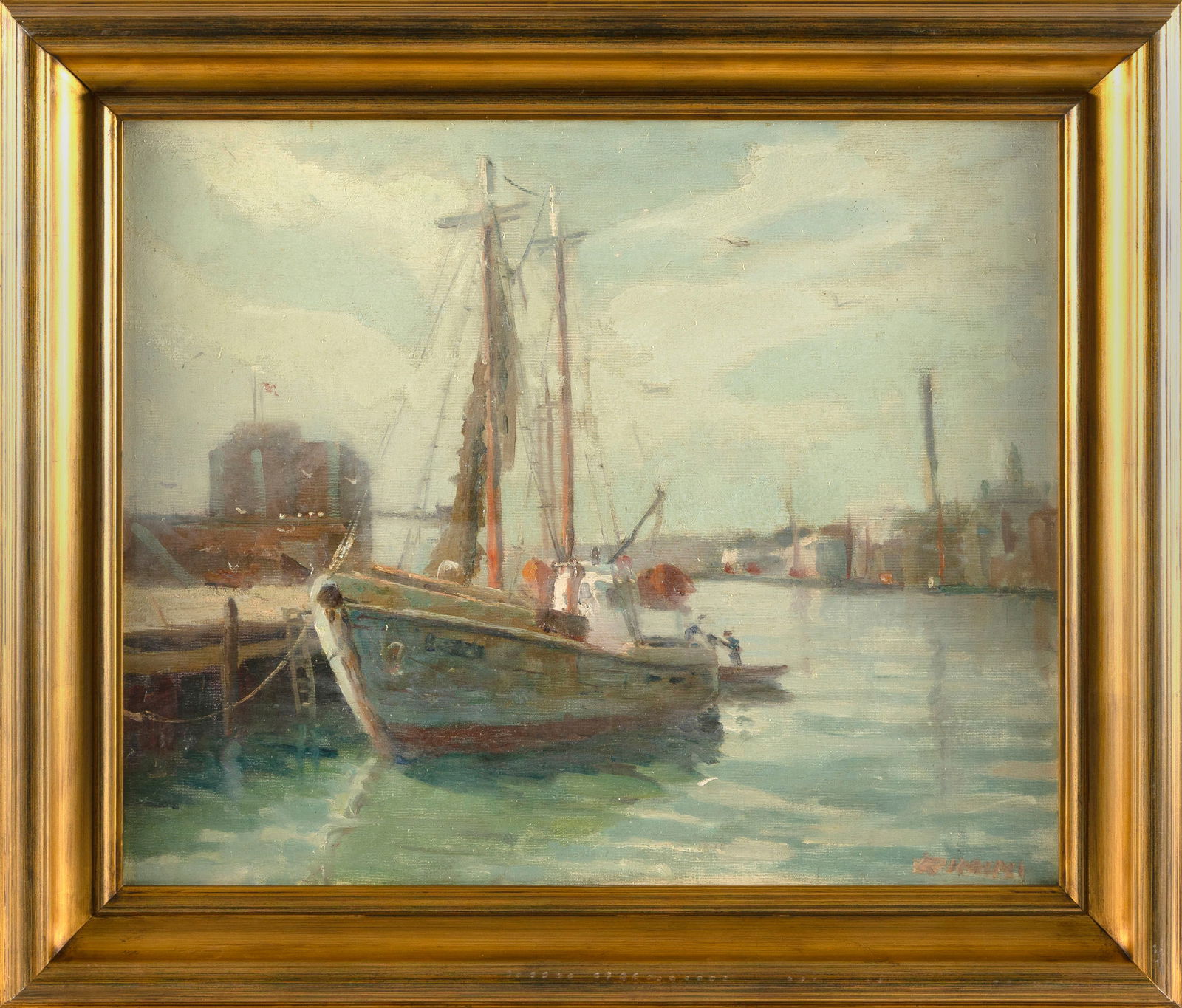 JOSEPH RIMINI (America, 1920-2000), At the pier, Gloucester Harbor., Oil on canvas, 20" x 24".: JOSEPH RIMINIAmerica, 1920-2000At the pier, Gloucester Harbor. Signed lower right "Rimini".Oil on canvas, 20" x 24". Framed 26" x 30".