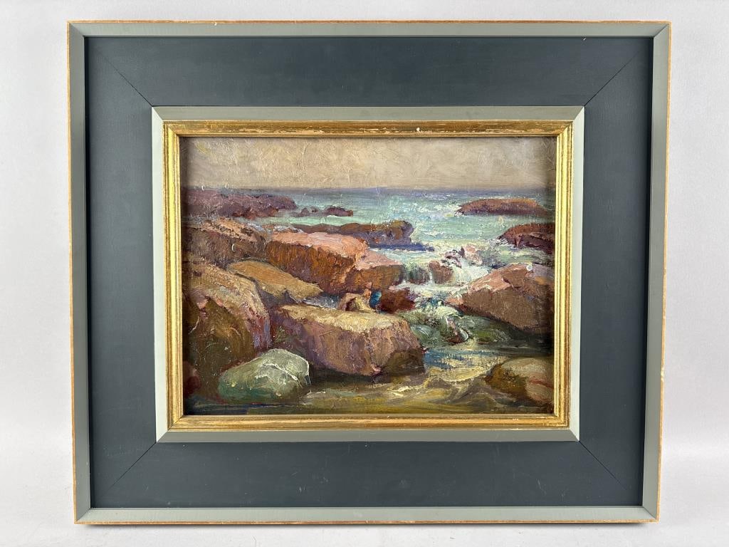 AMERICAN SCHOOL (20th Century,), Rocky coast., Oil on canvas board, 12" x 16". Framed 22" x 26".: AMERICAN SCHOOL20th CenturyRocky coast. Signed illegibly lower right. Housed in a labeled Charles Harris Design frame.Oil on canvas board, 12" x 16". Framed 22" x 26".