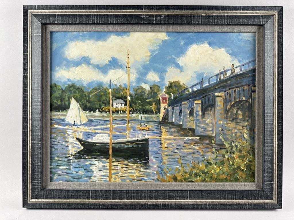 FRENCH SCHOOL (Contemporary,), Bridge at Argenteuil., Oil on canvas, 16.5" x 22" sight. Framed 22" x: FRENCH SCHOOLContemporaryBridge at Argenteuil. After the work by Claude Monet. Unsigned.Oil on canvas, 16.5" x 22" sight. Framed 22" x 28".