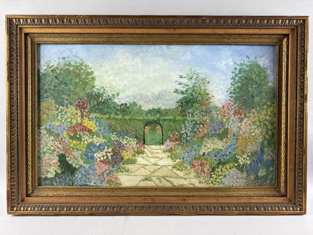 HELEN CALEE (America, 20th Century), Impressionist garden landscape., Oil on masonite, 18" x 30".: HELEN CALEEAmerica, 20th CenturyImpressionist garden landscape. Signed lower center "Helen Calee".Oil on masonite, 18" x 30". Framed 23.5" x 35.5".