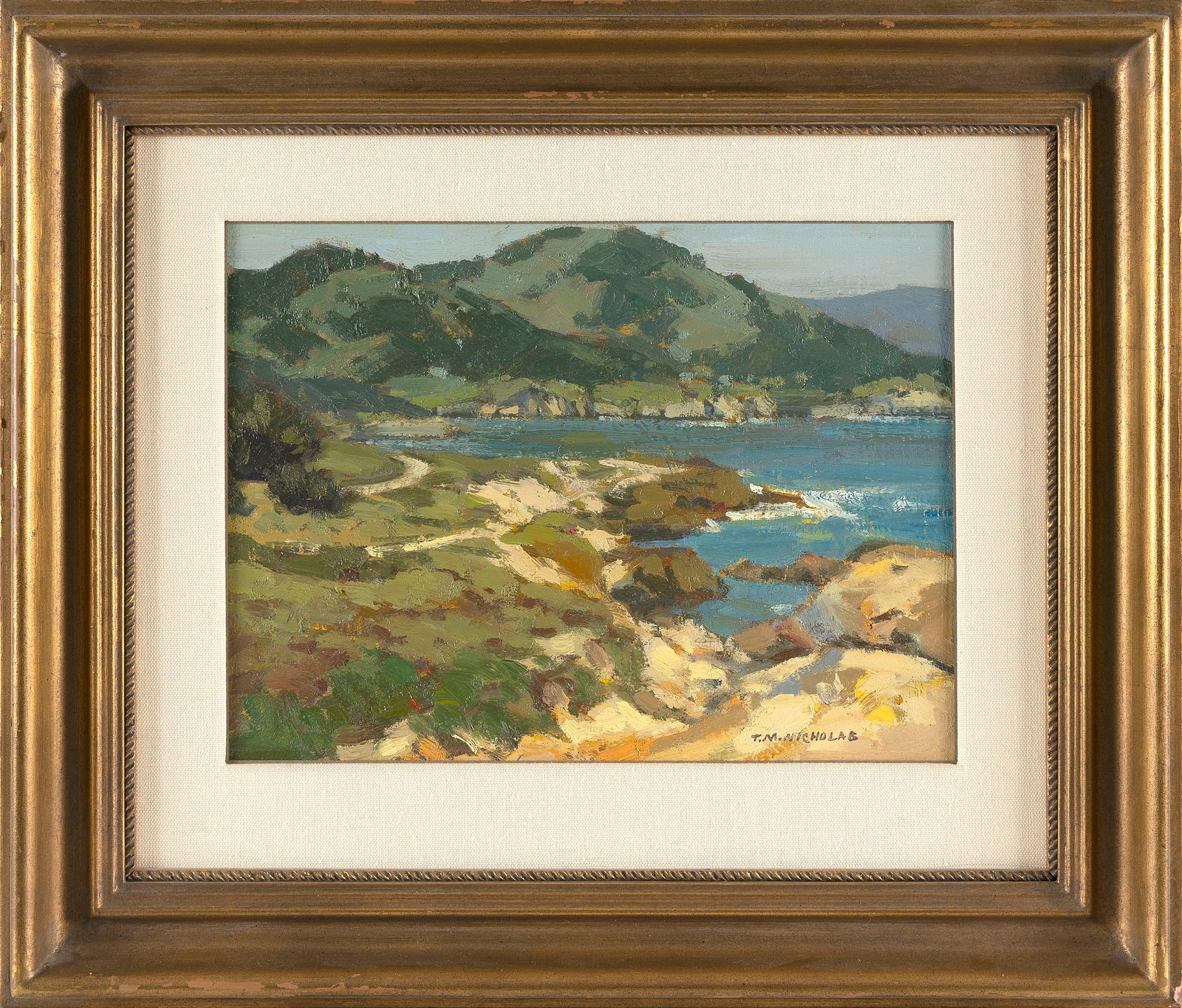 THOMAS M. (T.M.) NICHOLAS (Maine/Massachusetts, 1963-), Expansive view of a rocky coast., Oil on: THOMAS M. (T.M.) NICHOLASMaine/Massachusetts, 1963-Expansive view of a rocky coast. Signed lower right "T.M. Nicholas".Oil on board, 9" x 12". Framed 15" x 18".