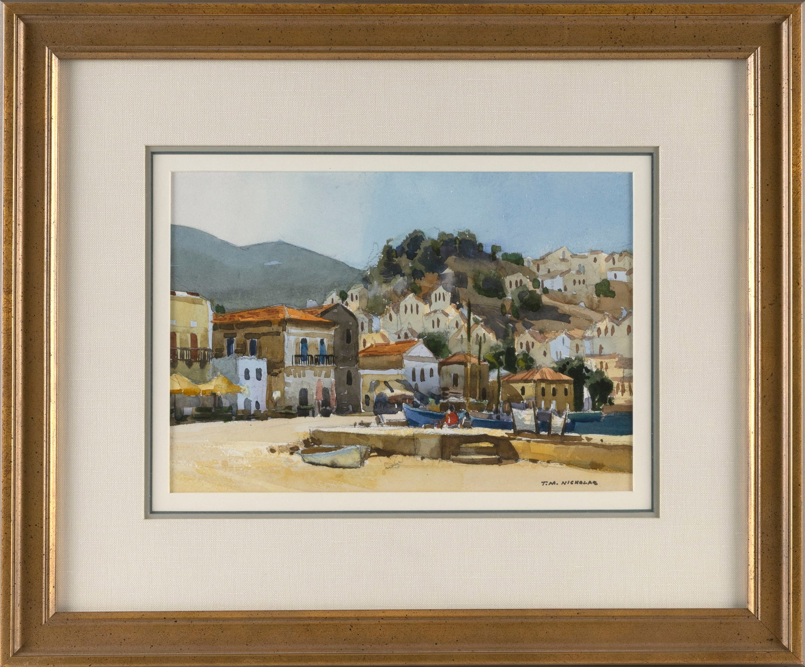 THOMAS M. (T.M.) NICHOLAS (Maine/Massachusetts, 1963-), Hillside village., Watercolor, 8" x 12": THOMAS M. (T.M.) NICHOLASMaine/Massachusetts, 1963-Hillside village. Signed lower right "T.M. Nicholas".Watercolor, 8" x 12" sight. Framed 17" x 20.5".