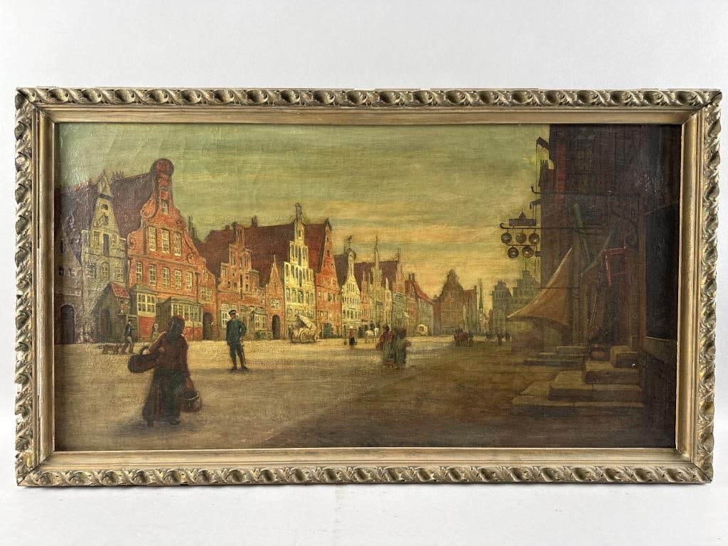 CONTINENTAL SCHOOL (19th Century,), European city scene., Oil on canvas, 16.5" x 32". Framed 20" x: CONTINENTAL SCHOOL19th CenturyEuropean city scene. Unsigned.Oil on canvas, 16.5" x 32". Framed 20" x 35".