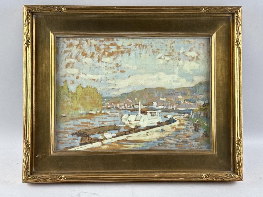 ROY HENRY BROWN (New York/New Hampshire/Illinois/France, 1879-1956), River scene., Oil on panel,: ROY HENRY BROWNNew York/New Hampshire/Illinois/France, 1879-1956River scene. Signed lower right "To Mrs. [...] from Roy Brown".Oil on panel, 11.5" x 16". Framed 17.25" x 21.5".