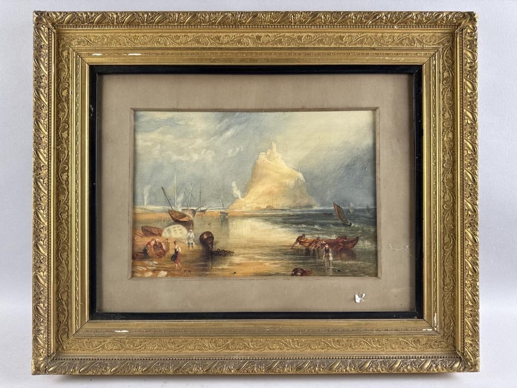 ENGLISH SCHOOL (19th Century,), Bustling shore scene., Watercolor, 10" x 14.5" sight. Framed 20" x (1 of 2)
