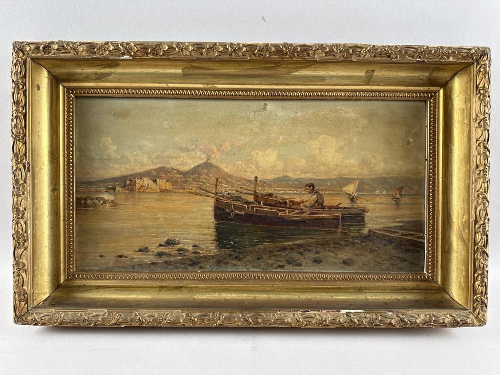 GIUSEPPE CARELLI (Italy, 1858-1921), View of Mount Vesuvius from Naples Bay., Oil on panel, 8.5" x: GIUSEPPE CARELLIItaly, 1858-1921View of Mount Vesuvius from Naples Bay. Signed lower right "G. Carelli".Oil on panel, 8.5" x 16.5". Framed 12.5" x 20.5".