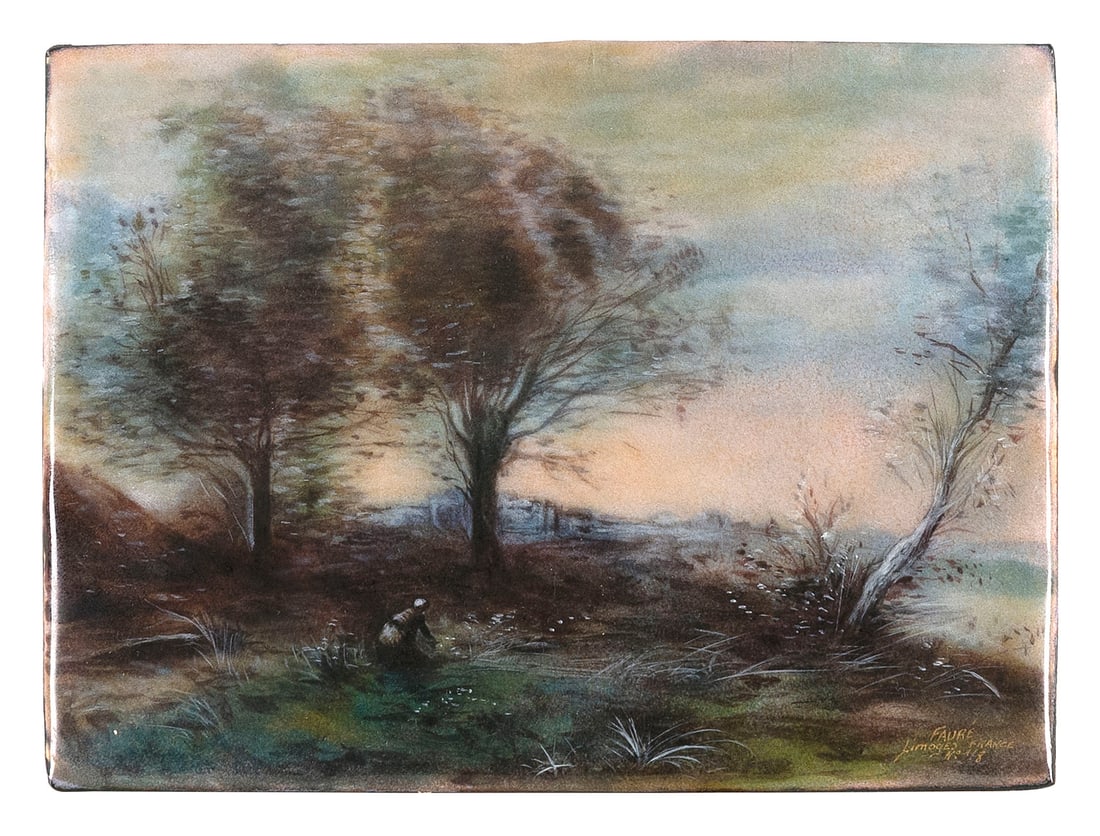 CAMILLE FAURE (France, 1874-1956), Figure in a landscape., Enamel on curved metal panel, 5.75" x 8". (1 of 2)