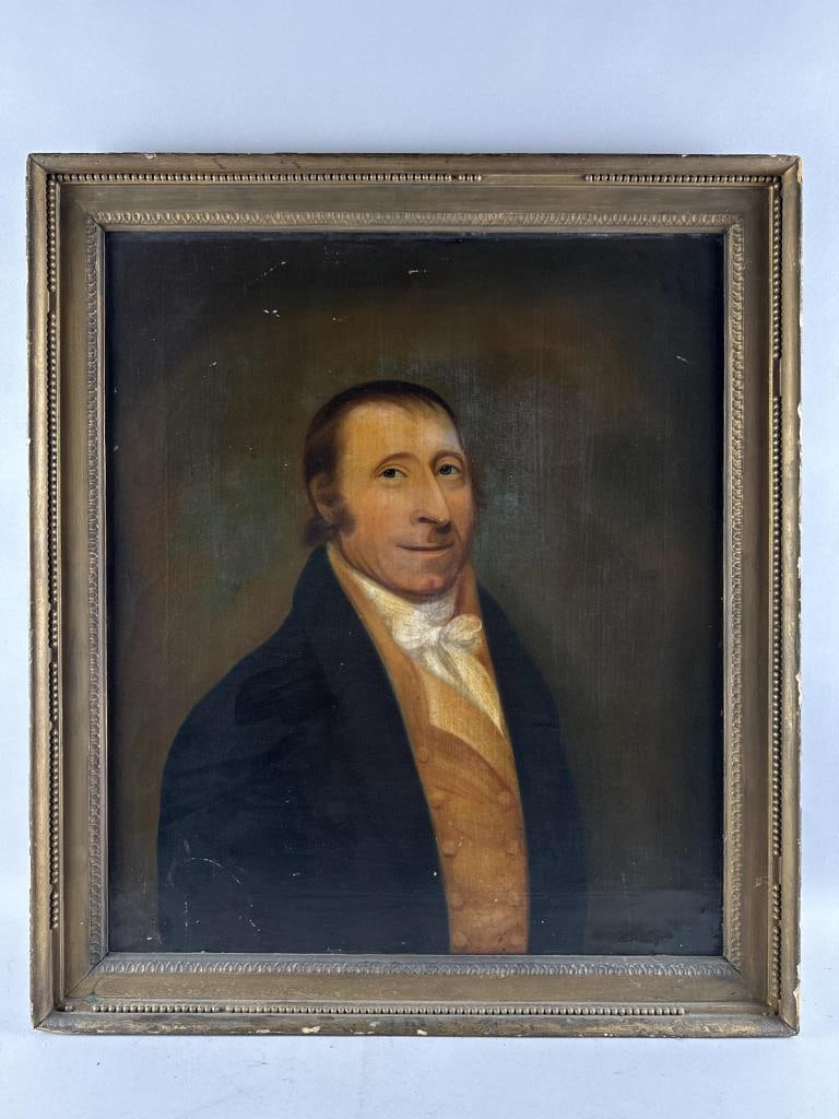 AMERICAN SCHOOL (19th Century,), Portrait of a gentleman wearing a gold-colored vest., Oil on (1 of 2)