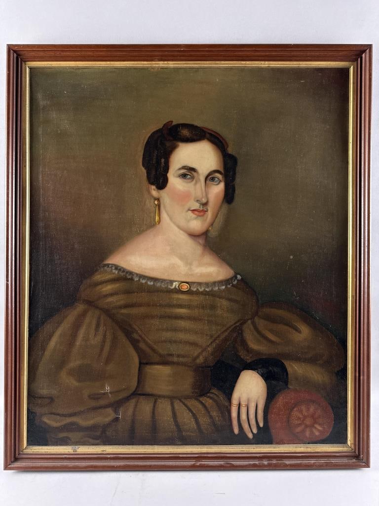 AMERICAN SCHOOL (19th Century,), Portrait of a lady leaning against the arm of a sofa., Oil on (1 of 2)