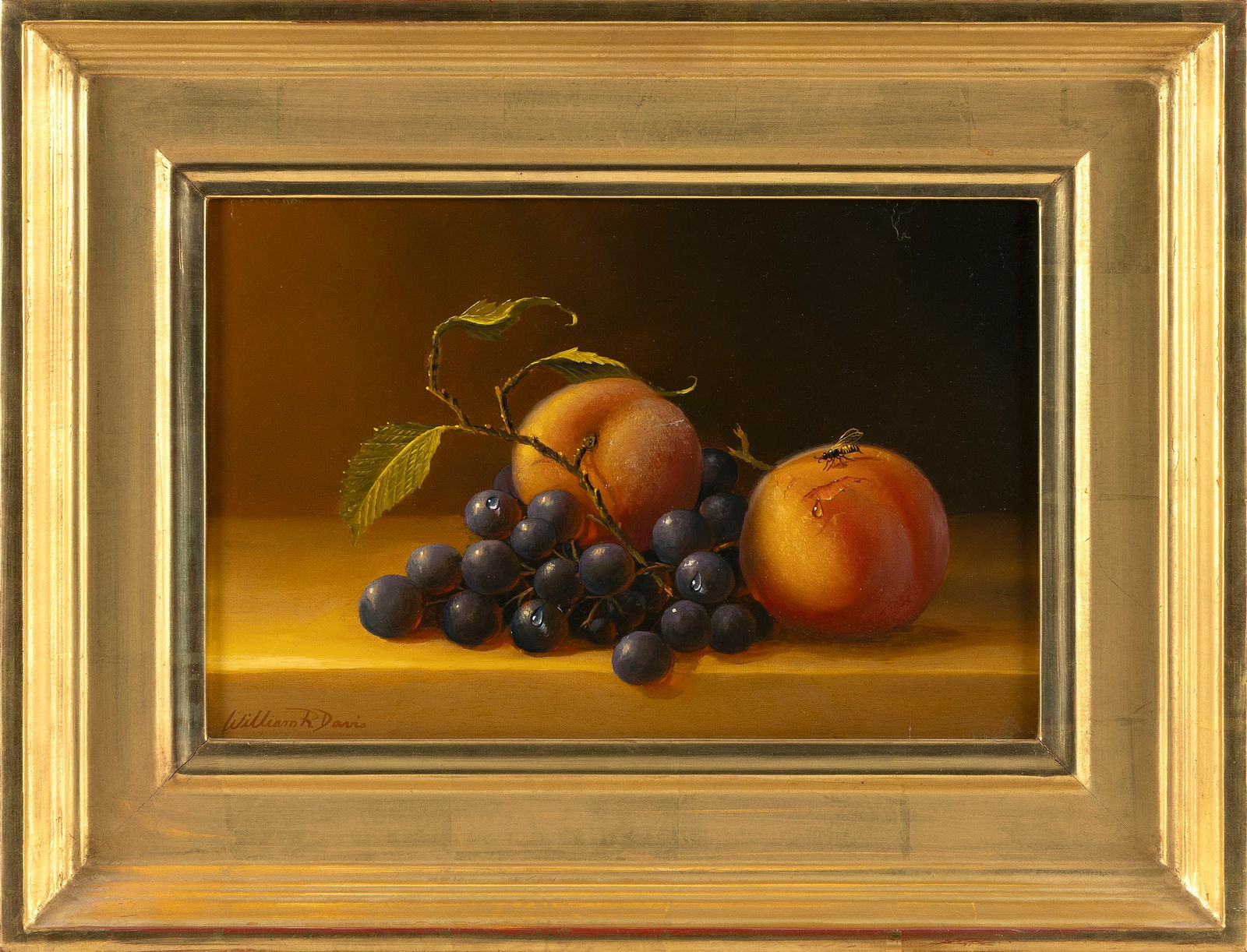 WILLIAM ROBERT DAVIS (Massachusetts, 1952-), Still life of peaches and grapes., Oil on canvas, 8" x: WILLIAM ROBERT DAVISMassachusetts, 1952-Still life of peaches and grapes. Signed lower left "William R. Davis".Oil on canvas, 8" x 12". Framed 13" x 17".