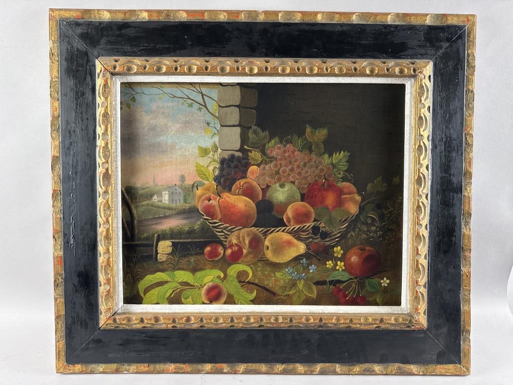 AMERICAN SCHOOL (19th Century,), Still life of a basket of fruit beside a window overlooking a: AMERICAN SCHOOL19th CenturyStill life of a basket of fruit beside a window overlooking a landscape with white house. Unsigned.Oil on canvas, 16" x 20". Framed 25" x 29".