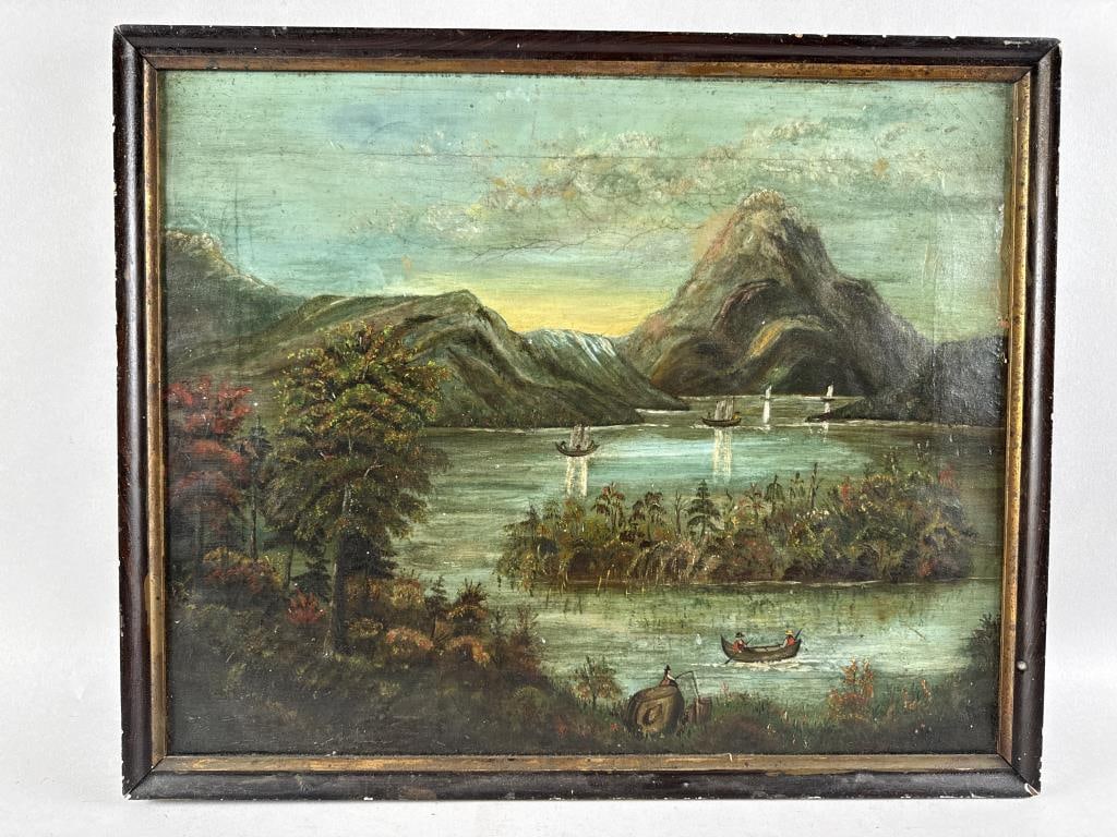 FOLK ART PAINTING OF VESSELS ON A RIVER 19th Century Oil on canvas, 15.75" x 19.5" sight. Framed (1 of 2)