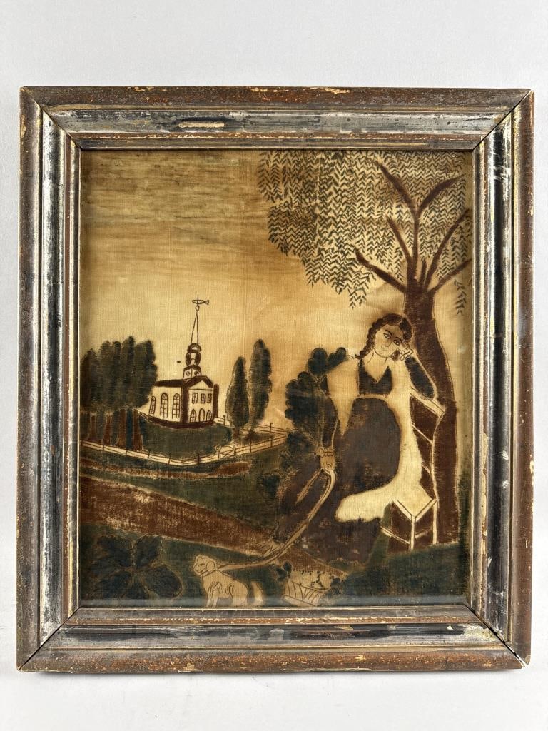 AMERICAN SCHOOL (19th Century,), Memorial scene with a mourning woman leaning against a tree and a (1 of 2)