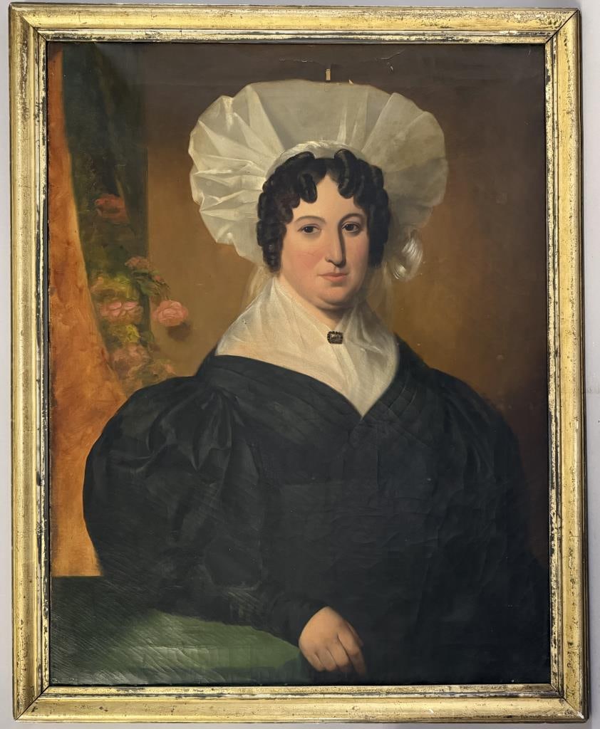AMERICAN SCHOOL (19th Century,), Portrait of a woman wearing a white bonnet., Oil on canvas, 36" x (1 of 3)