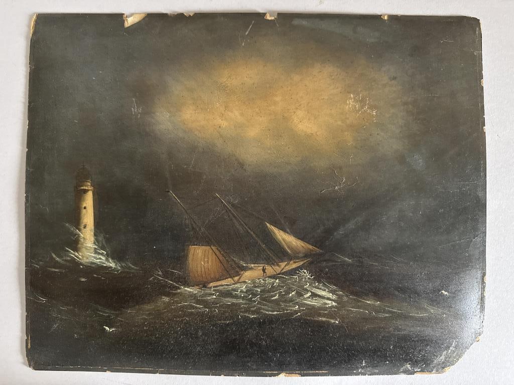 MANNER OF CLEMENT DREW (19th Century,), Ship in stormy seas off a lighthouse., Oil on paperboard,: MANNER OF CLEMENT DREW19th CenturyShip in stormy seas off a lighthouse. Inscribed verso "by C Drew".Oil on paperboard, 10.5" x 13.5". Unframed.