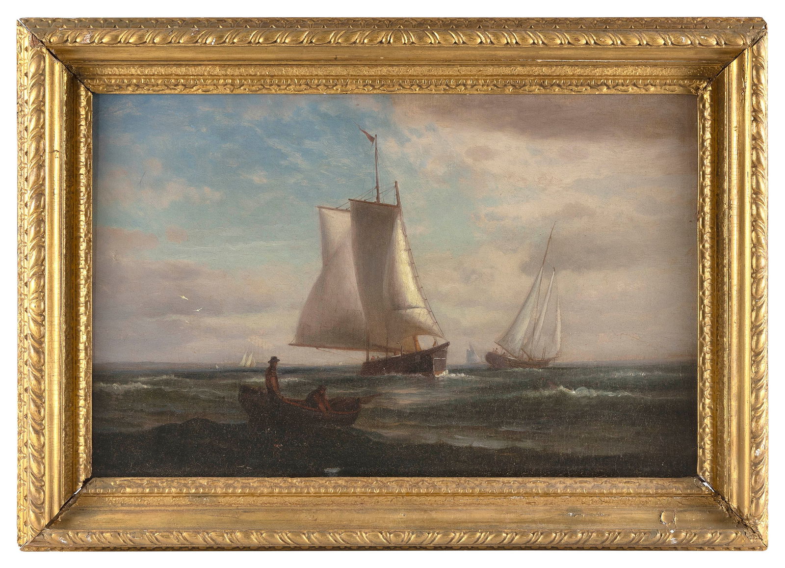 ATTRIBUTED TO LEMUEL D. ELDRED (Massachusetts, 1848-1921), Vessels offshore., Oil on canvas, 16" x (1 of 2)