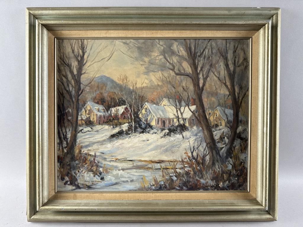 MARY DANIEL CASTELNOVO (Rhode Island, 1922-2015), Winter scene with houses and distant mountains., (1 of 2)