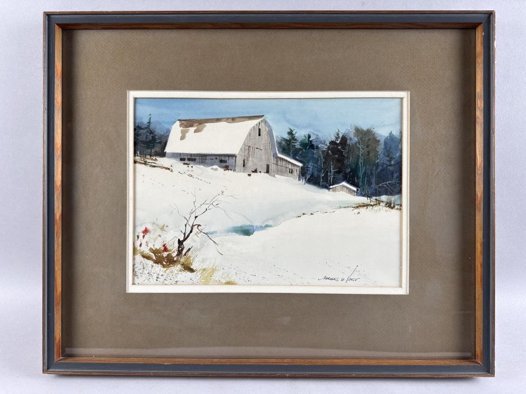 MARSHALL WOODSIDE JOYCE (Massachusetts, 1912-1998), Winter scene with barn., Watercolor on paper, 9": MARSHALL WOODSIDE JOYCEMassachusetts, 1912-1998Winter scene with barn. Signed lower right "Marshall W. Joyce".Watercolor on paper, 9" x 12.5" sight. Framed 17" x 21".