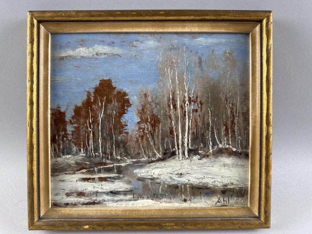 HENRY HAMMOND AHL (Massachusetts/New York, 1869-1953), Birches along a winter stream., Oil on (1 of 3)