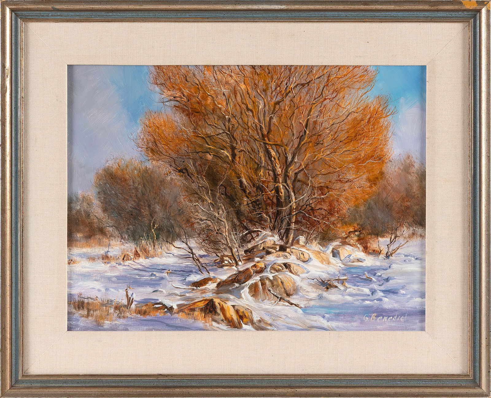 GEORGE C. BENEDICT (New York, 1927-2010), Winter swamp., Oil on panel, 12" x 16". Framed 16.75" x: GEORGE C. BENEDICTNew York, 1927-2010Winter swamp. Signed lower right "G. Benedict".Oil on panel, 12" x 16". Framed 16.75" x 20.75".