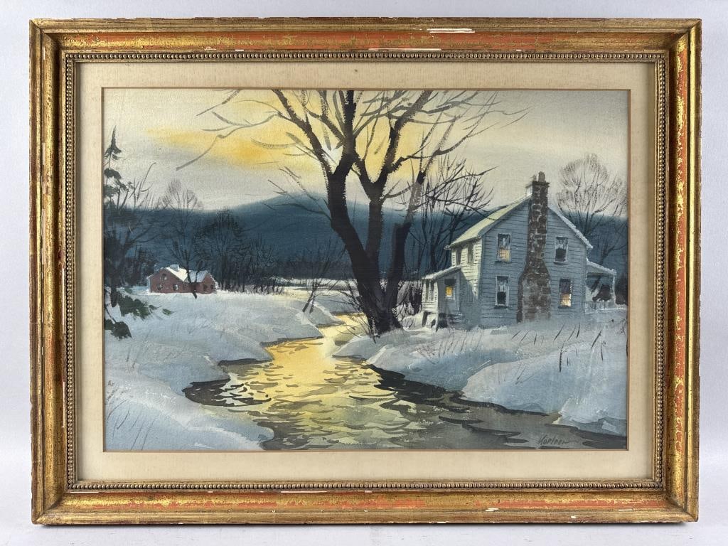 AMERICAN SCHOOL (20th Century,), Winter scene of a house on a brook., Watercolor, 17" x 24.5".: AMERICAN SCHOOL20th CenturyWinter scene of a house on a brook. Signed lower right "Hartner".Watercolor, 17" x 24.5". Framed 23" x 32".