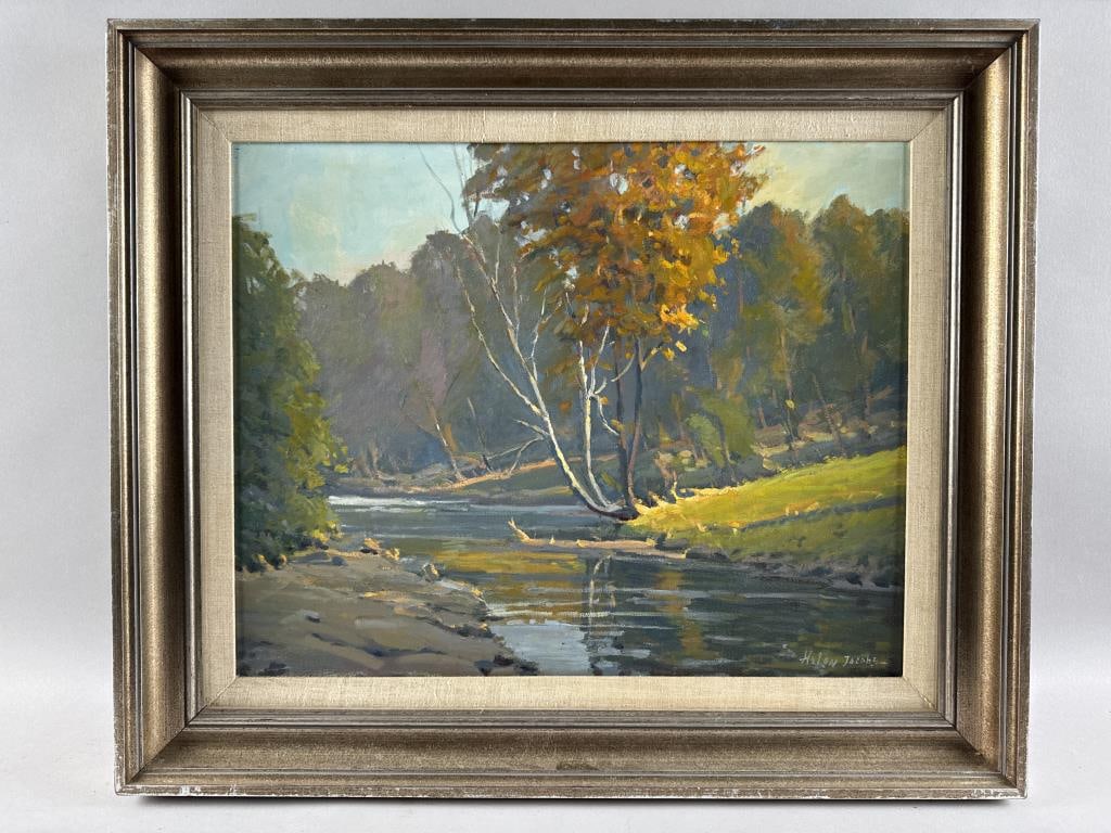HELEN NICHOLS JACOBS (New Jersey/Connecticut, 1924-2020), "Saddle Brook"., Oil on canvas, 16" x 20".: HELEN NICHOLS JACOBSNew Jersey/Connecticut, 1924-2020"Saddle Brook". Signed lower right "Helen Jacobs". Titled on label verso.Oil on canvas, 16" x 20". Framed 21.5" x 25.5".