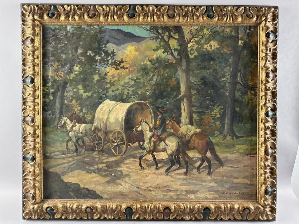 AMERICAN SCHOOL (20th Century,), Covered wagon on a trail., Oil on canvas, 24" x 30". Framed 29" x: AMERICAN SCHOOL20th CenturyCovered wagon on a trail. Signed lower right "Novakovski".Oil on canvas, 24" x 30". Framed 29" x 35".