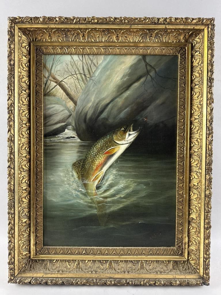 HARRY A. (H.A.) DRISCOLE (New York, 1861-1923), Brook trout and fly., Oil on canvas, 20" x 14".: HARRY A. (H.A.) DRISCOLENew York, 1861-1923Brook trout and fly. Signed lower right "H.A. Driscole".Oil on canvas, 20" x 14". Framed 25.5" x 19.5".