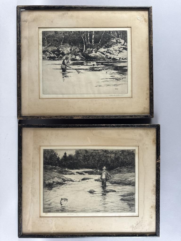 TWO FLY FISHING PRINTS 20th Century: TWO FLY FISHING PRINTS20th Century1) Fisherman netting his catch. Signed in pencil lower right "Norman Wilkinson". 9" x 11.5". Framed 15.75" x 18.75".2) Fisherman with a trout on the line. Signed lowe