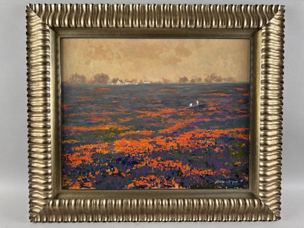 DENNIS DOWNEY (New Mexico, 1941-), Sunlit landscape., Oil on canvas, 16" x 20". Framed 22" x 26".: DENNIS DOWNEYNew Mexico, 1941-Sunlit landscape. Signed lower right "Downey".Oil on canvas, 16" x 20". Framed 22" x 26".