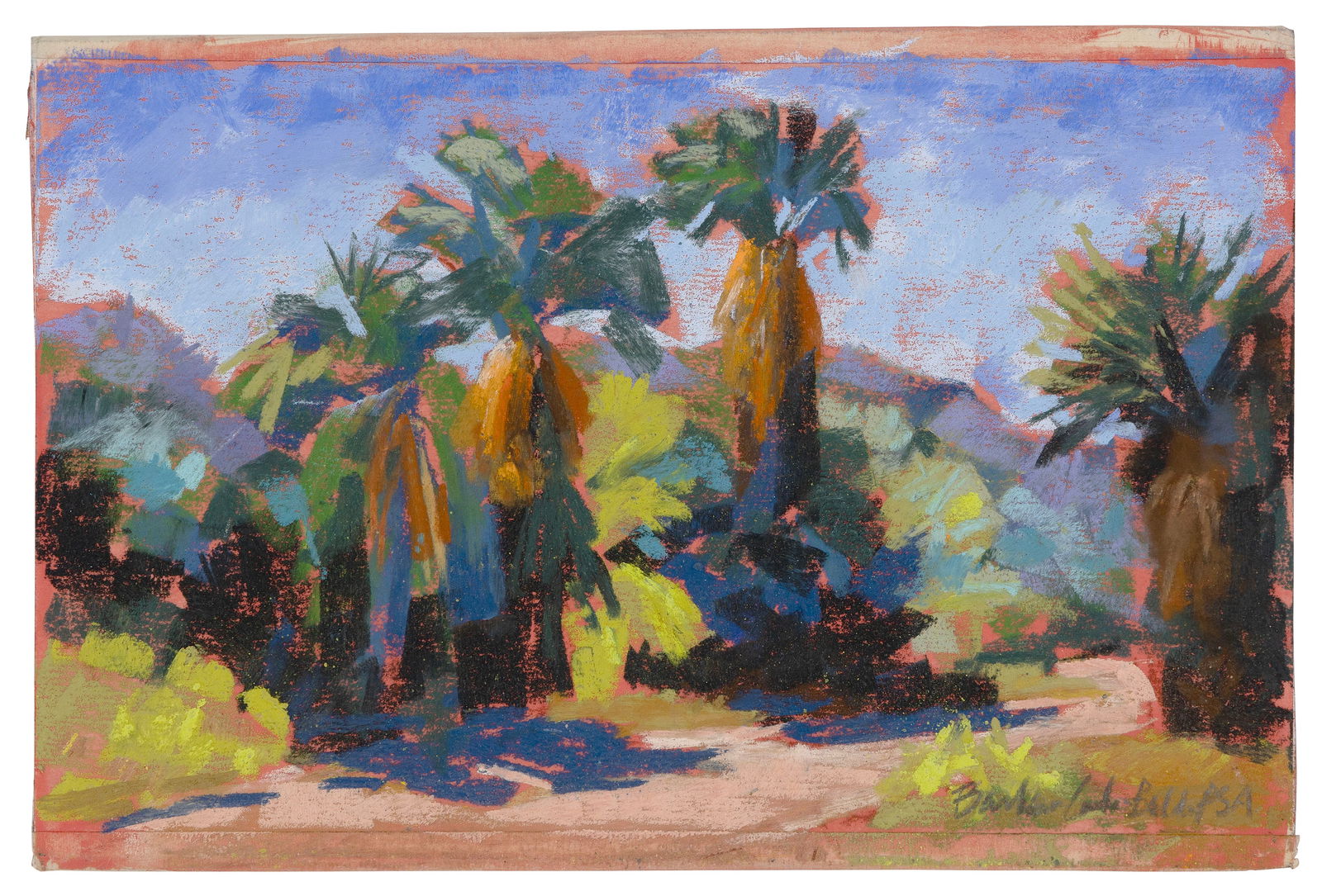 BARBARA ARCHER-BALDWIN (Pennsylvania/Arizona, Contemporary), Arizona landscape., Pastel on board, 6": BARBARA ARCHER-BALDWINPennsylvania/Arizona, ContemporaryArizona landscape. Signed lower right "Barbara Archer-Baldwin".Pastel on board, 6" x 9". Unframed. Provenance:The Estate of Jim Lyons.