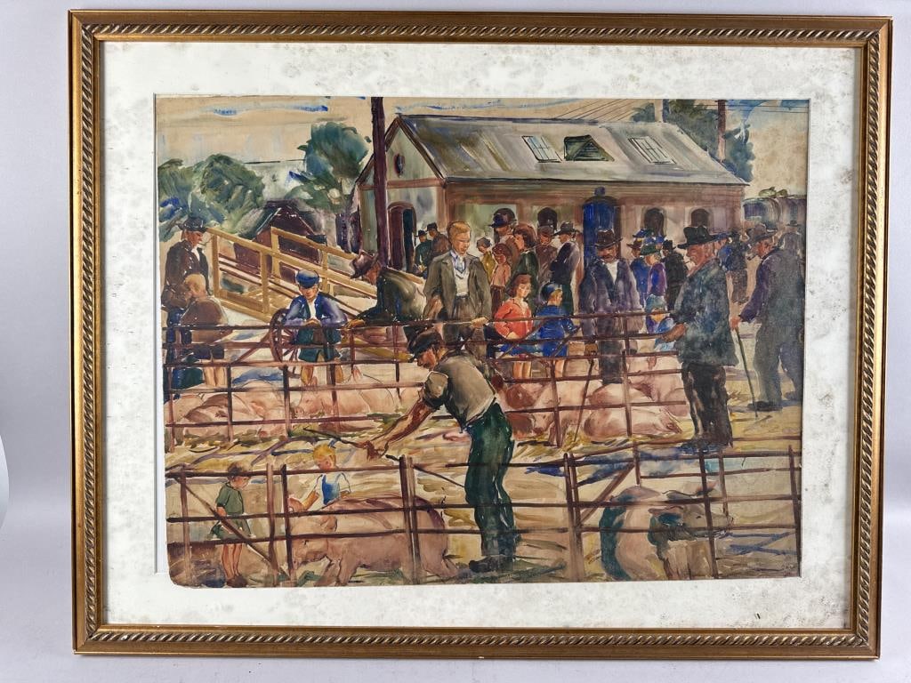 ENGLISH SCHOOL (Circa 1939,), "The Wednesday Market Dorchester, Dorset England"., Watercolor on: ENGLISH SCHOOLCirca 1939"The Wednesday Market Dorchester, Dorset England". Signed and dated lower right "C[...] 1939". Titled verso.Watercolor on paper, 22" x 29" sight. Framed 29" x 36".