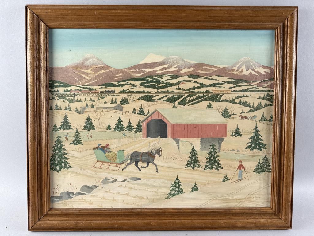 LUCY DOANE (Vermont/Massachusetts/The Netherlands, 1908-2010), Primitive winter landscape with: LUCY DOANEVermont/Massachusetts/The Netherlands, 1908-2010Primitive winter landscape with covered bridge. Signed lower right "Lucy Doane".Oil on board, 16" x 20". Framed 19.5" x 23.5".