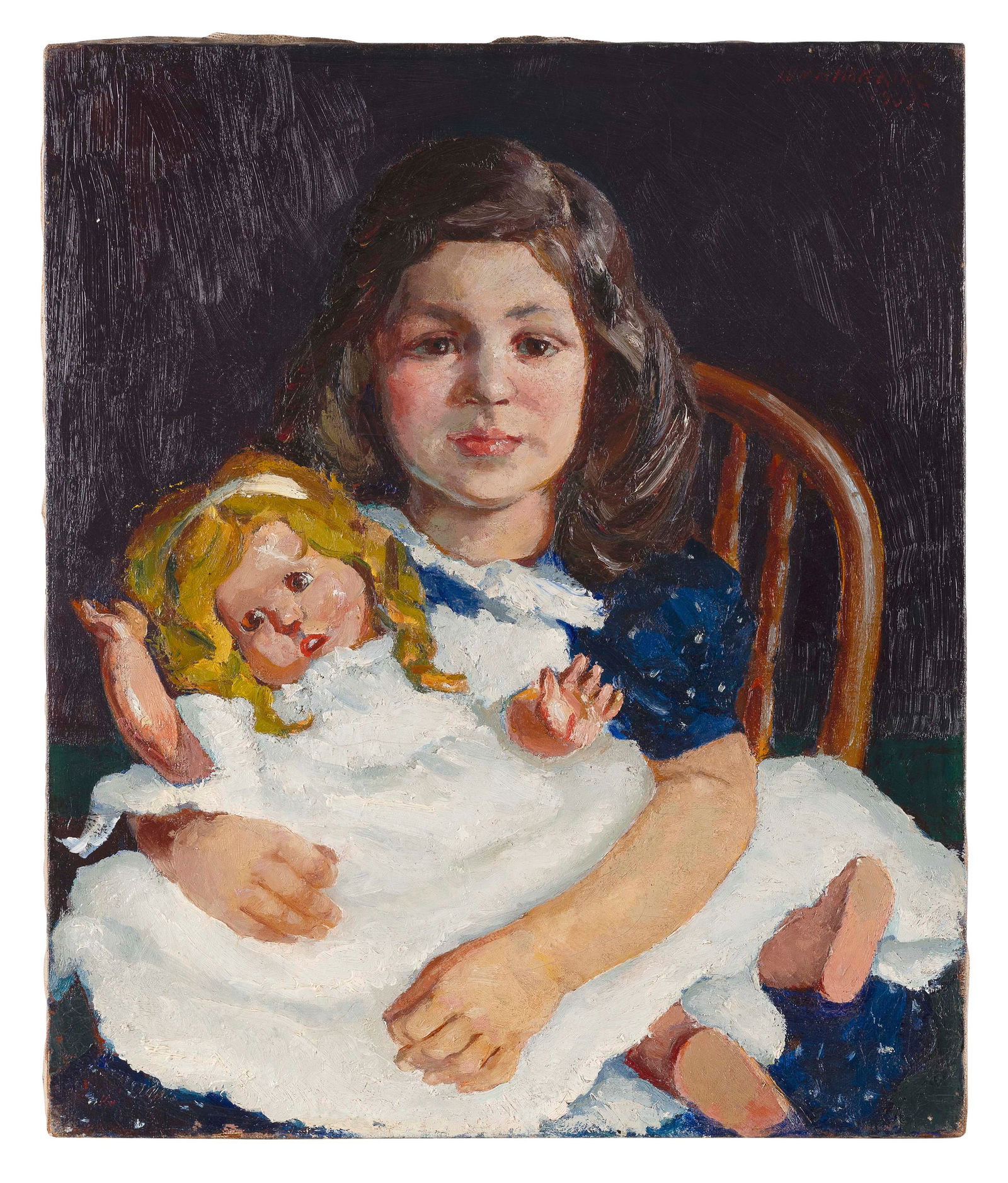 WILLIAM MATTHEWS HEKKING (New York/California/Kansas/Wisconsin, 1885-1970), Portrait of a girl with: WILLIAM MATTHEWS HEKKINGNew York/California/Kansas/Wisconsin, 1885-1970Portrait of a girl with her doll. Signed upper right "Wm M. Hekking".Oil on canvas, 24" x 20". Unframed.