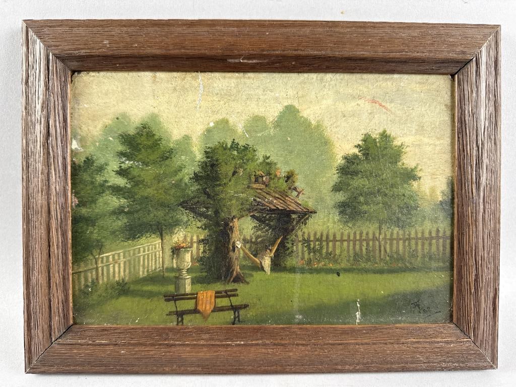 T.J. THURBER (New York/Connecticut, 1831-1918), Garden landscape., Oil on cardboard, 5.75" x 8.75".: T.J. THURBERNew York/Connecticut, 1831-1918Garden landscape. Signed illegibly and dated 1887 lower right.Oil on cardboard, 5.75" x 8.75". Framed 8.5" x 11.25".