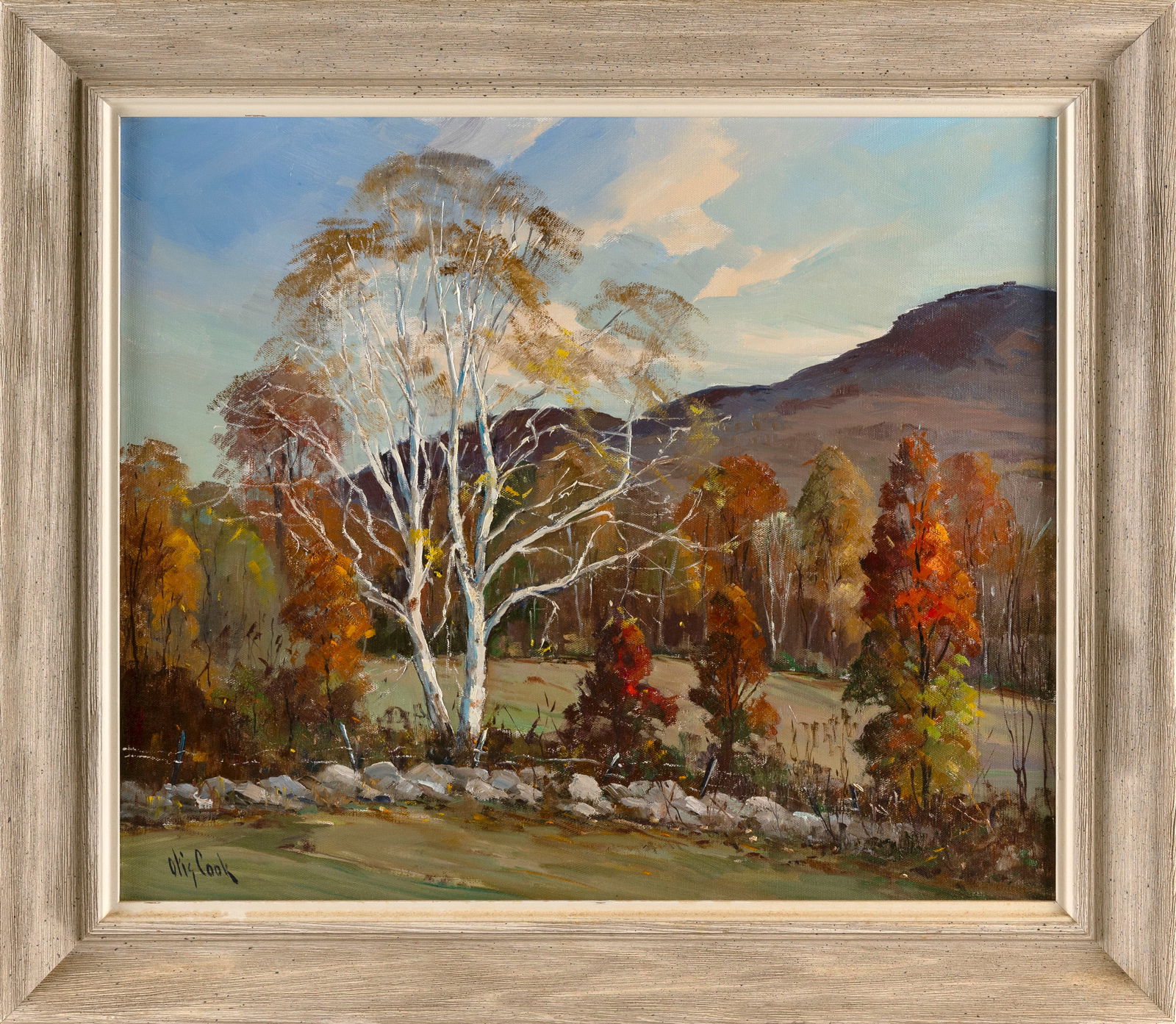 OTIS PIERCE COOK, JR. (Massachusetts, 1900-1980), Fall landscape with a stone wall., Oil on canvas,: OTIS PIERCE COOK, JR.Massachusetts, 1900-1980Fall landscape with a stone wall. Signed lower left "Otis Cook".Oil on canvas, 20" x 24". Framed 25.5" x 29.75".