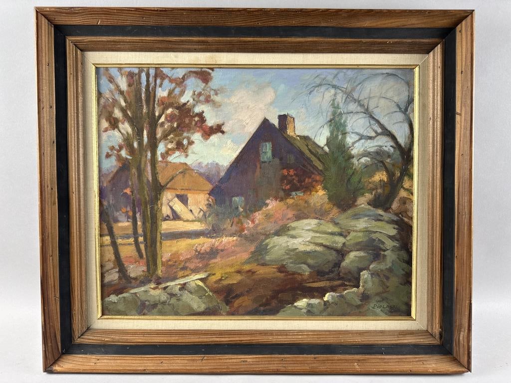 ALEX POPLASKI (Connecticut/Ukraine/Russian Federation, 1906-1988), House and barn in a rocky: ALEX POPLASKIConnecticut/Ukraine/Russian Federation, 1906-1988House and barn in a rocky landscape. Signed lower right "Poplaski".Oil on canvas board, 16" x 20". Framed 21.5" x 25.5".
