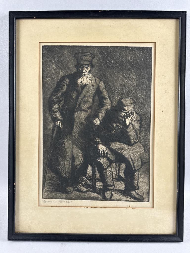 HERMANN STRUCK (Germany, 1876-1944), Homeless, 1922., Etching, 12.5" x 8.5". Framed 18.25" x 14".: HERMANN STRUCKGermany, 1876-1944Homeless, 1922. Signed in pencil lower left "Hermann Struck".Etching, 12.5" x 8.5". Framed 18.25" x 14".