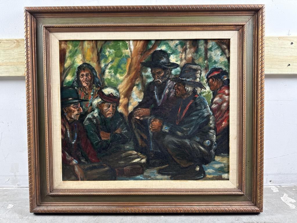 AMERICAN SCHOOL (20th Century,), Figures in conversation., Oil on masonite, 20" x 24". Framed 28" x: AMERICAN SCHOOL20th CenturyFigures in conversation. Unsigned.Oil on masonite, 20" x 24". Framed 28" x 32.5".