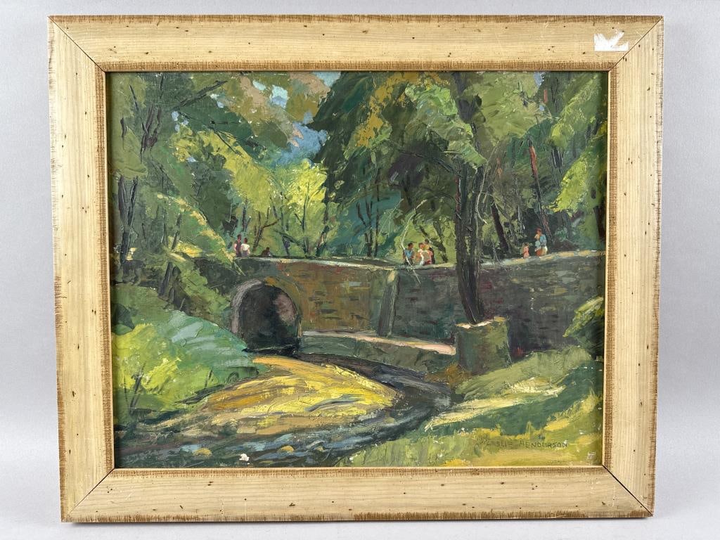 LESLIE HENDERSON (Pennsylvania/Florida, 1895-1988), "Bridge Over Paper Mill Run"., Oil on canvas: LESLIE HENDERSONPennsylvania/Florida, 1895-1988"Bridge Over Paper Mill Run". Signed lower right "Leslie Henderson". Titled verso.Oil on canvas board, 16" x 20". Framed 20" x 24".