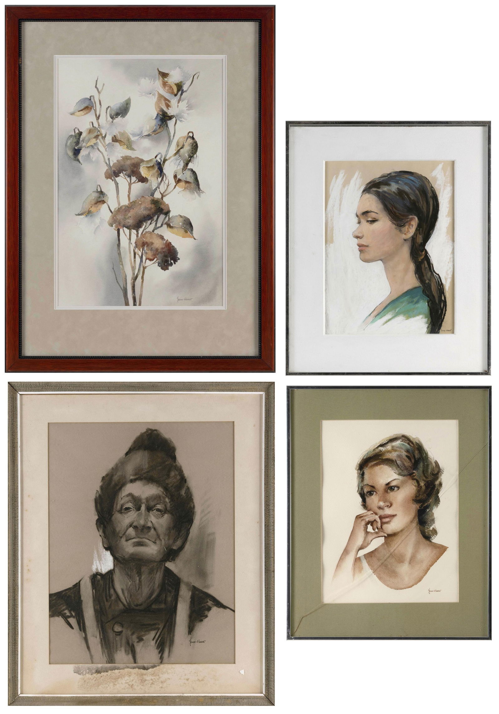 JOHN CUTHBERT HARE (Massachusetts/Florida, 1908-1978), Four works: JOHN CUTHBERT HAREMassachusetts/Florida, 1908-1978Four works: 1) Portrait of a fisherman. Signed lower right "John Hare". Charcoal on paper, 20" x 15" sight. Framed 27" x 22".2-3) Two portraits of wom