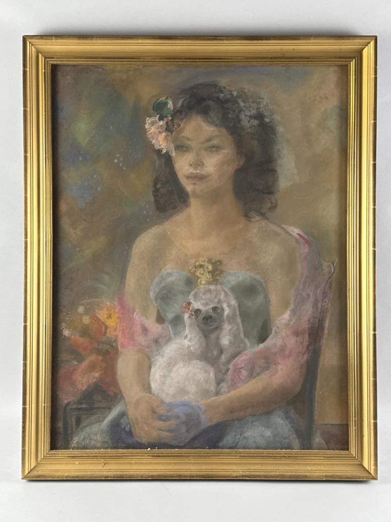 PORTRAIT OF A WOMAN AND HER POODLE Contemporary Pastel on paper, 27.5" x 21.25" sight. Framed 31.25" (1 of 2)