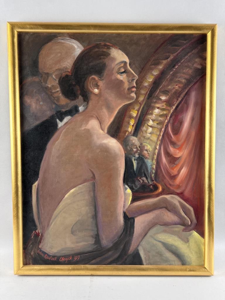 JOHN ROBERT LLOYD (America, 20th Century), A lady at the theater., Oil on canvas, 30" x 24". Framed: JOHN ROBERT LLOYDAmerica, 20th CenturyA lady at the theater. Signed and dated lower left "John Robert Lloyd '97".Oil on canvas, 30" x 24". Framed 32" x 26".