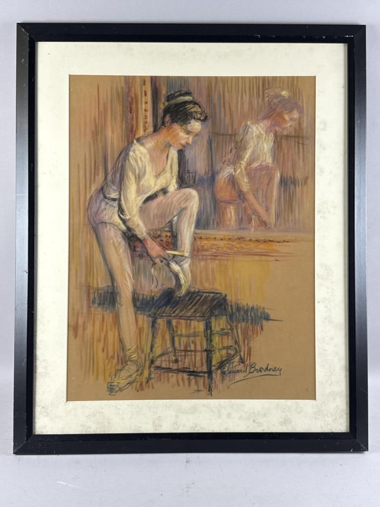 EDWARD BRODNEY (Massachusetts/Florida, 1910-2002), Ballerina tying her pointe shoes., Pastel on (1 of 2)