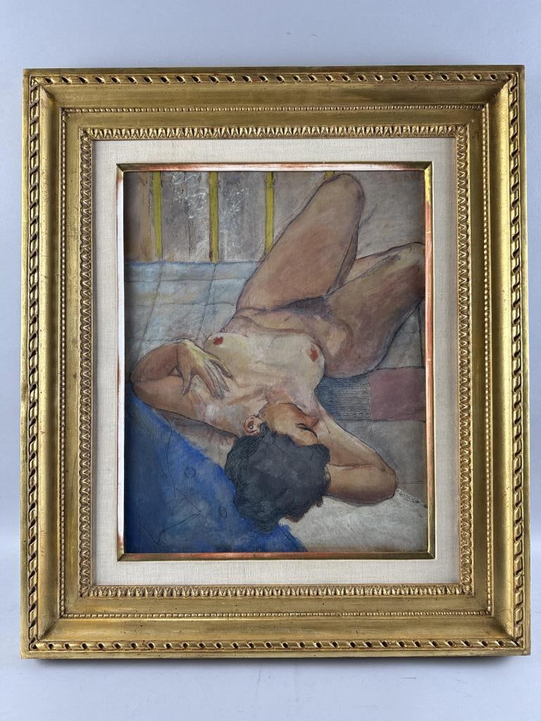 PORTRAIT OF A RECLINING FEMALE NUDE 20th Century Watercolor, 20" x 15" sight. Framed 29" x 24.5".: PORTRAIT OF A RECLINING FEMALE NUDE20th CenturyUnsigned.Watercolor, 20" x 15" sight. Framed 29" x 24.5".