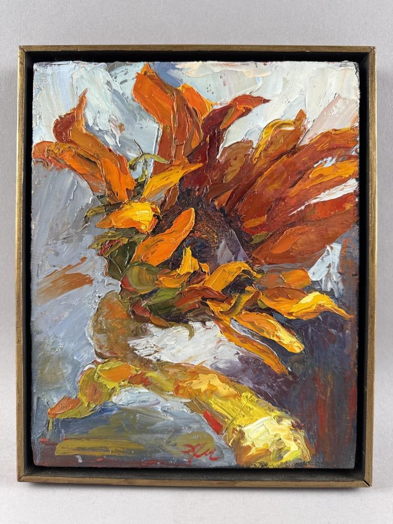 AMERICAN SCHOOL (Contemporary,), Sunflower., Oil on canvas, 10" x 8". Framed 10.75" x 8.75".: AMERICAN SCHOOLContemporarySunflower. Signed lower center "AM".Oil on canvas, 10" x 8". Framed 10.75" x 8.75".
