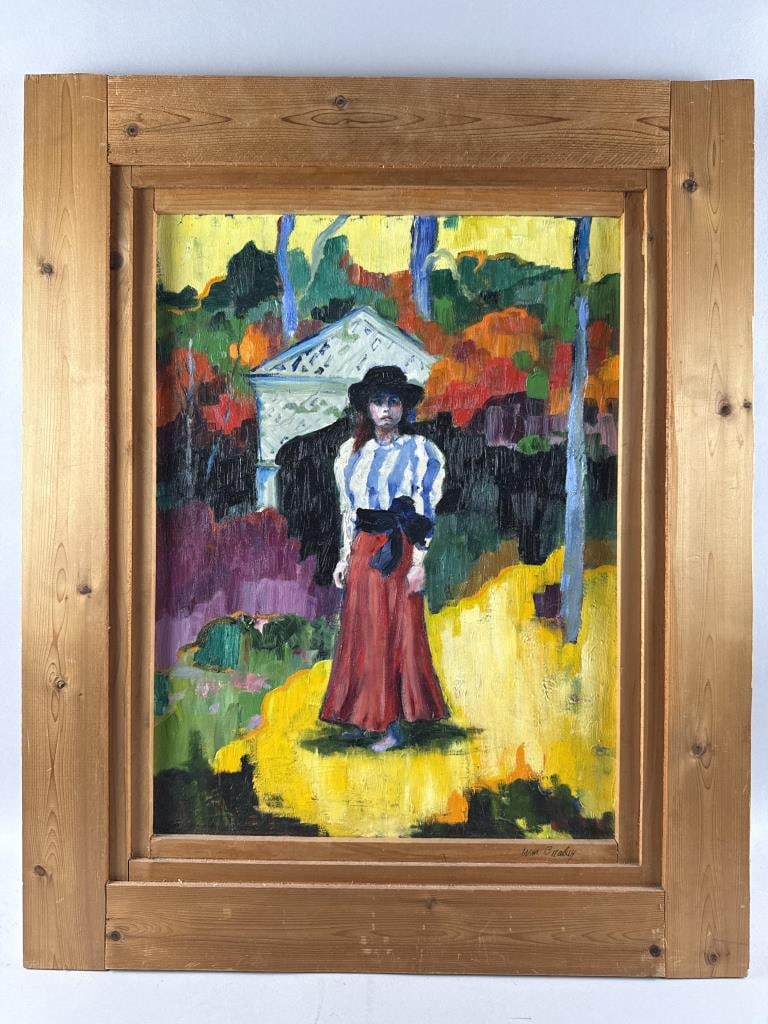 WILLIAM BRADY (Connecticut, 20th Century), Woman in a garden., Oil on canvas, 24" x 18". Framed 33": WILLIAM BRADYConnecticut, 20th CenturyWoman in a garden. Signed verso "Frame & painting by Wm. Brady of Greenwich, Ct.".Oil on canvas, 24" x 18". Framed 33" x 27".
